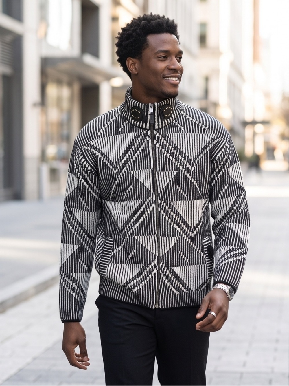 LCR Men's Black & ecru Geometric Zip-Up Sweater jacket thick regular fit